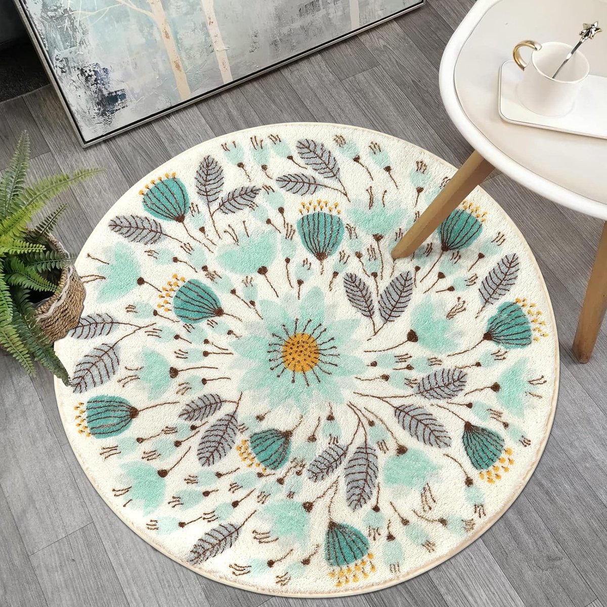 Ronde kleine badmat, 60 cm, ronde bloemenplant, wasbaar, antislip, zacht, laagpolig tapijt voor entree, binnen, douche, kamer, kinderkamer, slaapkamer