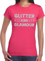 Glitter and Glamour zilver glitter tekst t-shirt fuchsia roze dames - zilver glitter and Glamour shirt S