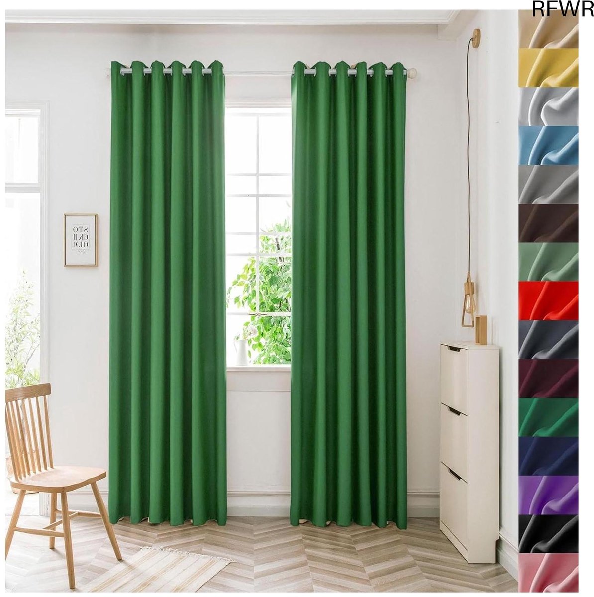 RFWR® Verduisterende Gordijnen met Ringen 140 x 80 cm - Geluidsisolatie en Warmtebescherming voor Slaapkamer en Woonkamer - Donkergroen