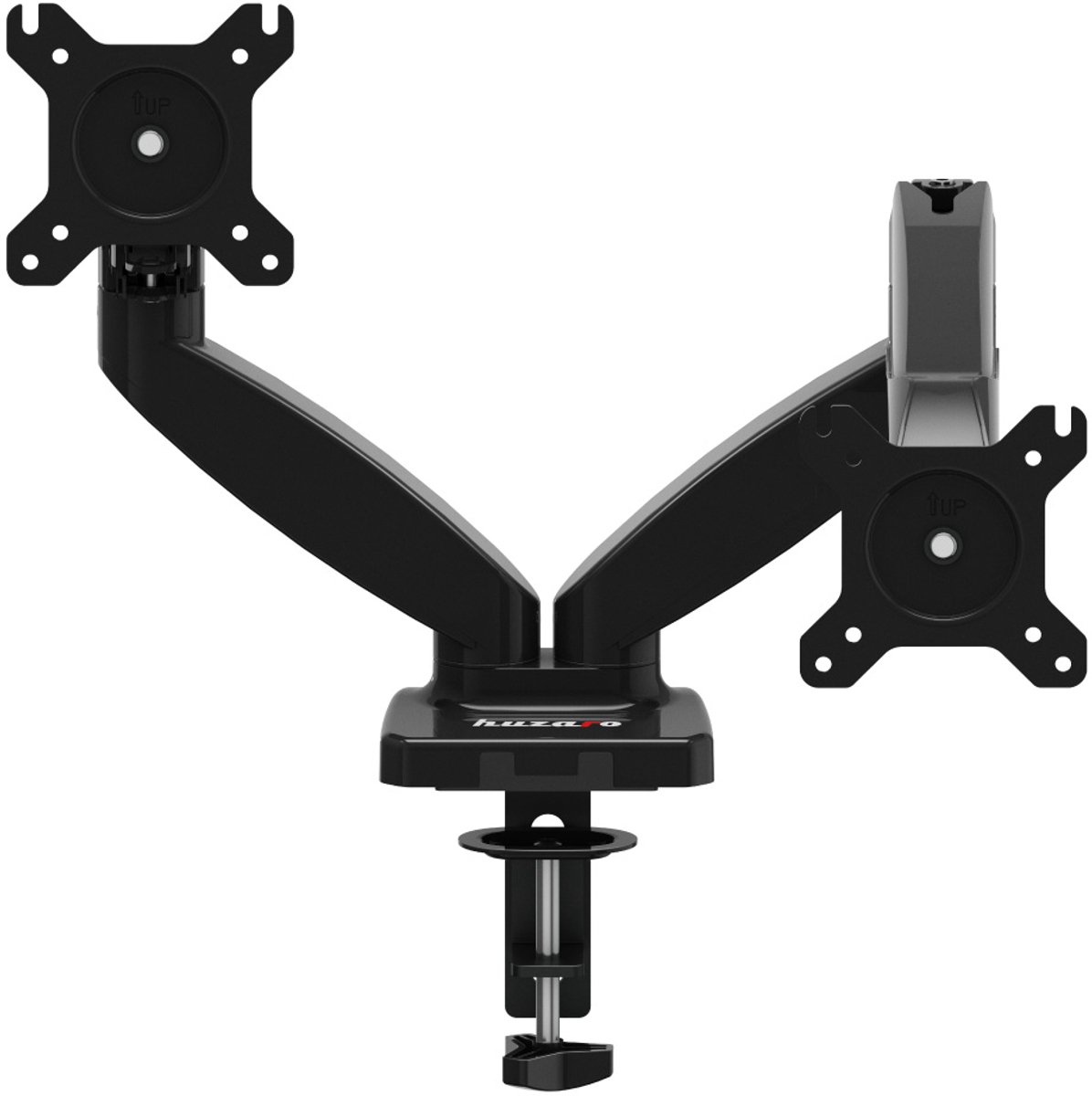 Huzaro Motion 2.2 Dubbele Monitorarm – Gasveer – Voor Schermen van 15″–27″ – VESA 75x75 / 100x100 – Draagkracht tot 2x7 kg – Kantelbaar, Draaibaar, PIVOT 360° – Kabelbeheer – Zwart