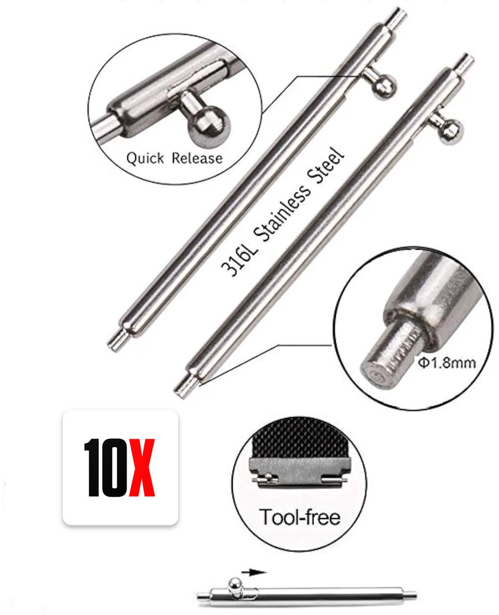 Actie4you® - Quick Release Horlogepin - Snelspan Pin - Springbar - Horloge pin - Horlogeband Pinnen - 10 Stuks - 1.8MM DIKTE - 20MM