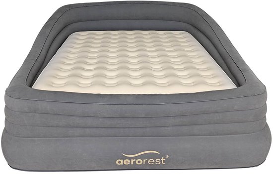 Grijs Aerorest luchtbed met crème matras, rechte verhoogde rand en logo.