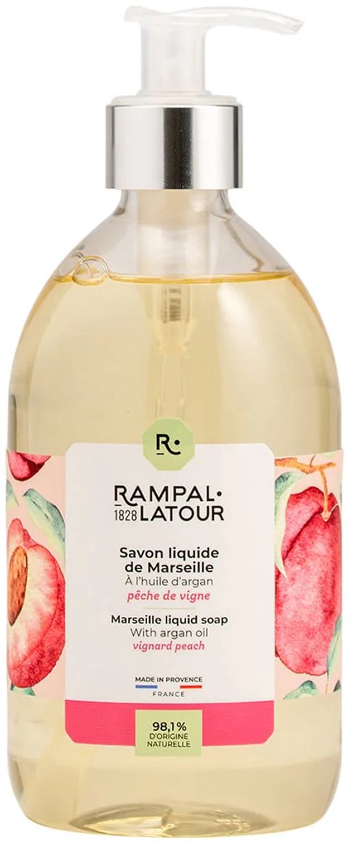 Gecertificeerd biologisch Franse Marseille vloeibare zeep Vine perzik - reinigt mild - argan olie 500ml