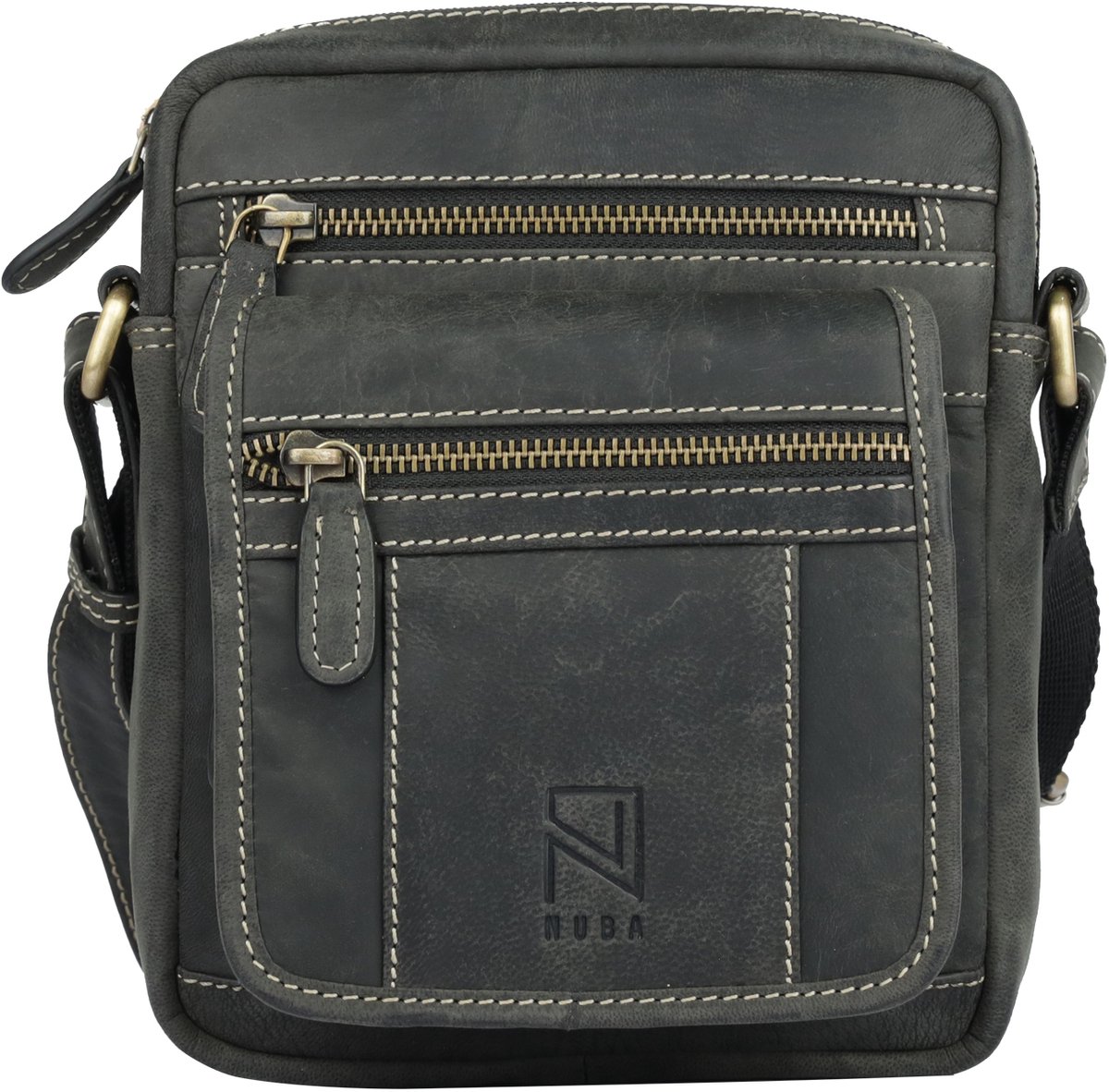 NUBA Schoudertas Leren tas Hunter - crossbodytas 100% Leer - Nature 3333 - Buffelleer tas middelmaat - Zwart Antraciet