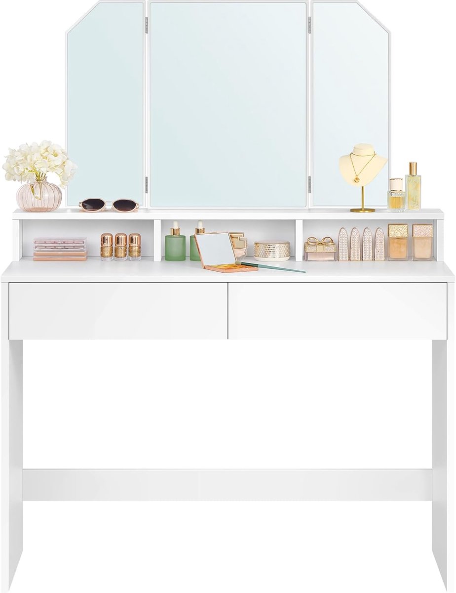 Conway Living® - Kaptafel - Moderne witte make-uptafel - 2 lades - Make up tafel met spiegel - Met opvouwbare spiegel - 140 x 40 x 100 cm