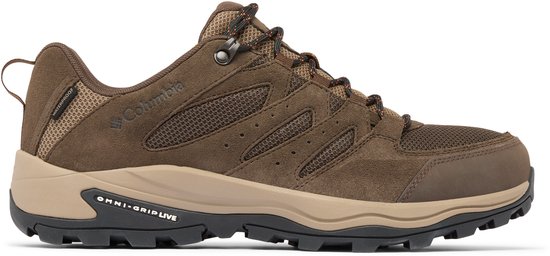 Bruine lage wandelschoen van Columbia met mesh en suède, beige tussenzool en zwarte Omni-Grip Live zool.