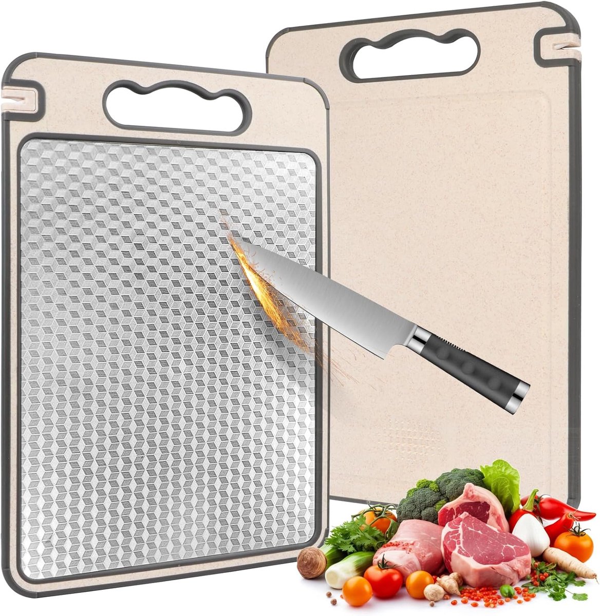Snijplank van roestvrij staal, dubbelzijdige snijplank voor de keuken, krasbestendig met gaasontwerp, snijplank van roestvrij staal en snijplank van tarwestro met sapgoot
