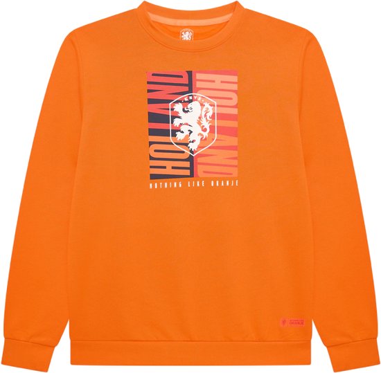 Oranje sweater met grafische opdruk 'HOLLAND' en 'NOTHING LIKE ORANJE' met leeuw-wapen. Officiële merchandise.
