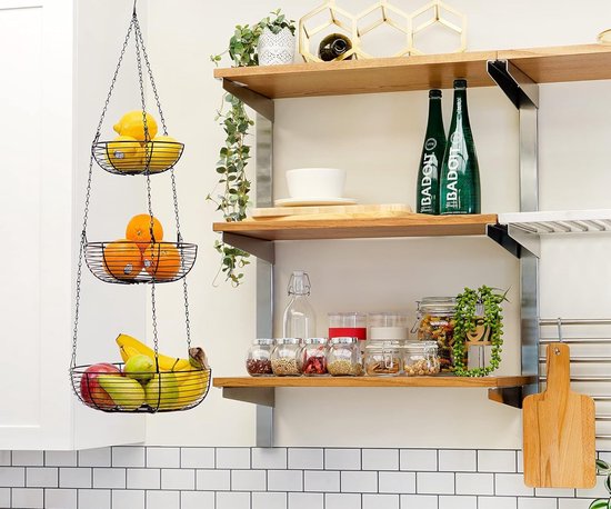 Felenny Set van 2 stapelbare fruitmanden voor keuken, wandstapelbaar, metaal, met haken, voor het bewaren van groenten en fruit