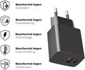 Zwarte 33W snellader met EU stekker en symbolen die bescherming bieden tegen overladen, overbelasting, overvoltage, oververhitting en overstroom.