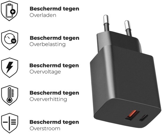 Zwarte 33W snellader met EU stekker en symbolen die bescherming bieden tegen overladen, overbelasting, overvoltage, oververhitting en overstroom.