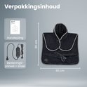 Inhoud van de verpakking: handleiding, controller met snoer en de zwarte verwarmde schoudercape met afmetingen 90x60 cm.