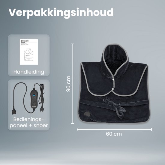 Inhoud van de verpakking: handleiding, controller met snoer en de zwarte verwarmde schoudercape met afmetingen 90x60 cm.