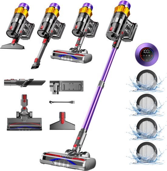 Elekiatech Steelstofzuiger Draadloos - 65000Pa Steelstofzuiger - 3 Standen Zuigkracht - LED-Display - 20-70 Min Werktijd - 1,8L - Met Meubelborstel - Voor Tapijt, Harde Vloeren en Dierenharen - 550W - Paars