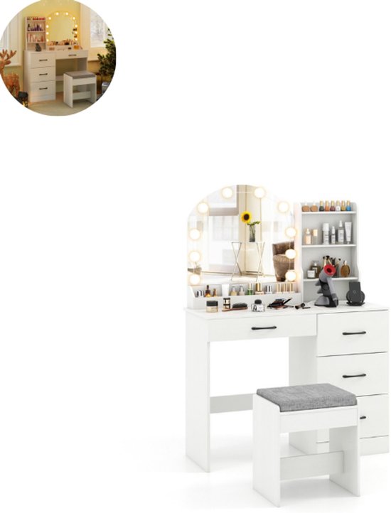 Coiffeuse avec miroir et éclairage - Table de maquillage - Maquillage - Coiffeuse - Avec tiroirs - Coiffeuses - Avec placard - Wit