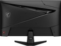 Achterkant van een zwarte MSI gaming monitor met een drakenlogo en een rode knop.