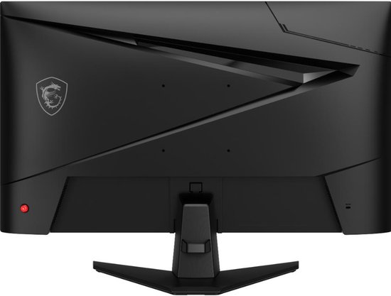 Achterkant van een zwarte MSI gaming monitor met een drakenlogo en een rode knop.