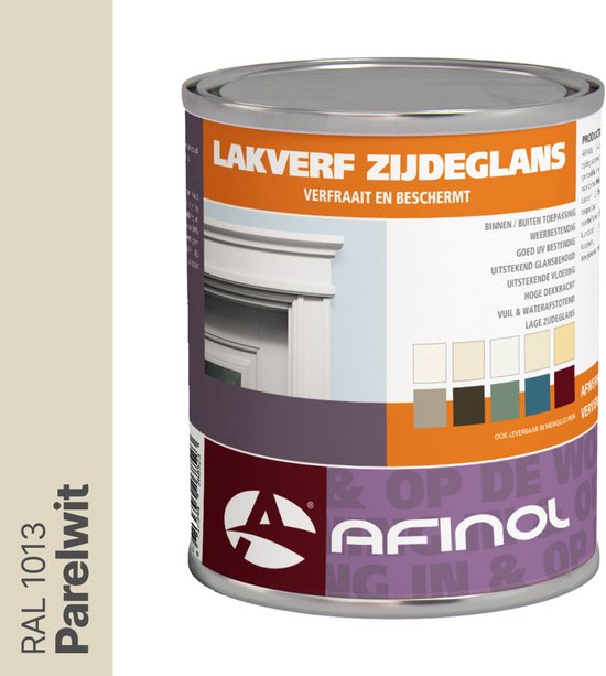 Blik Afin ol zijdeglans lakverf in RAL 1013 Parelwit. Toont kleurenstalen en logo.