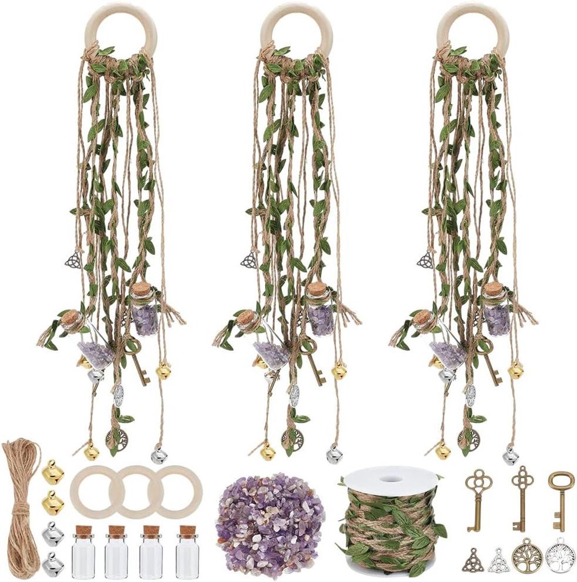 3-delige DIY Heksenbellen set met glazen flesje - Heksenbellen ambachtelijke kit - Heksen decoratie - Heksen klokken voor deurklink - Bescherming heksenambacht voor beginners