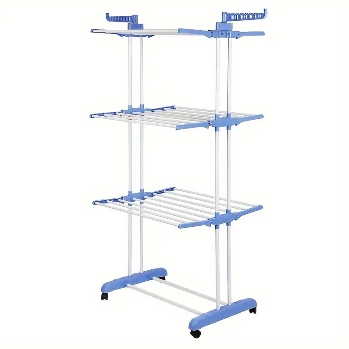 Opvouwbare Metalen Kapstok met Wielen, stevig 4 layers, Zijvleugels,Huge capaciteit Droogrek voor Binnen en Buiten, Uitschuifbare Kledinghouder Kledingstang, Blauw