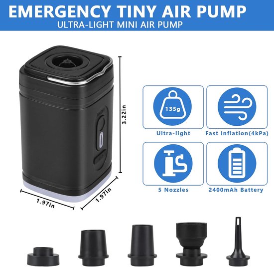 Gonfleur électrique portable noir ultra-léger mesurant 3,22 x 1,97 x 1,97 pouces, comprenant 5 embouts et des spécifications.