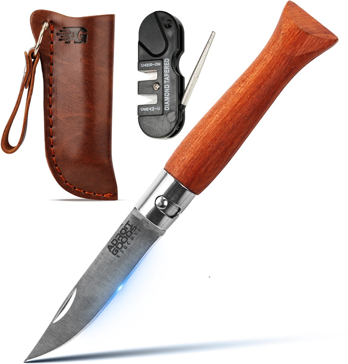 AdroitGoods Zakmes Met Veiligheidsring - X30Cr13 - Survival mes - Jachtmes - Staal en Beukenhout - Camping