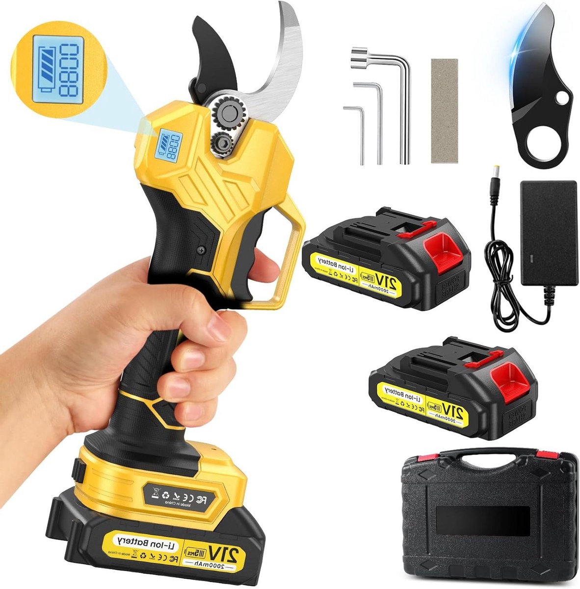 Elektrische tuinschaar met geïntegreerde schakelaar en zacht geluid - 50 mm, met display - 2 batterijen van 2000 mAh - geschikt voor boomgaarden, tuinen en boerderijen (geel)