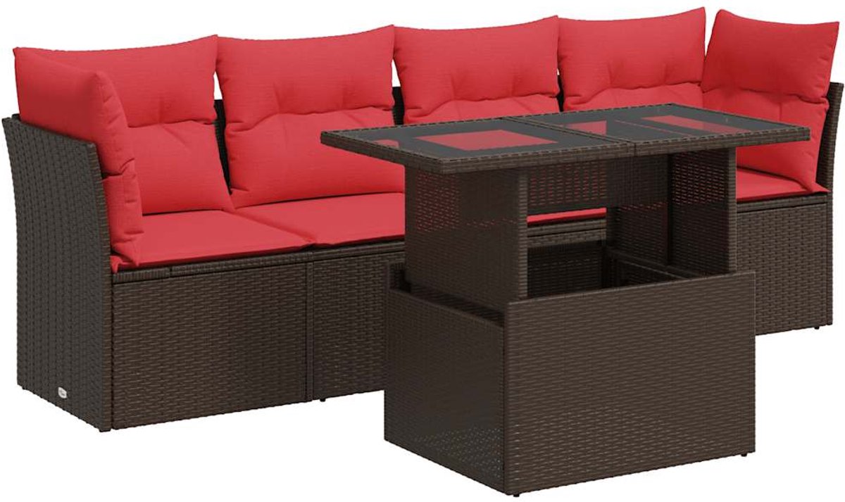 vidaXL 5-delige - Loungeset - met - kussens - poly - rattan - acacia - bruin