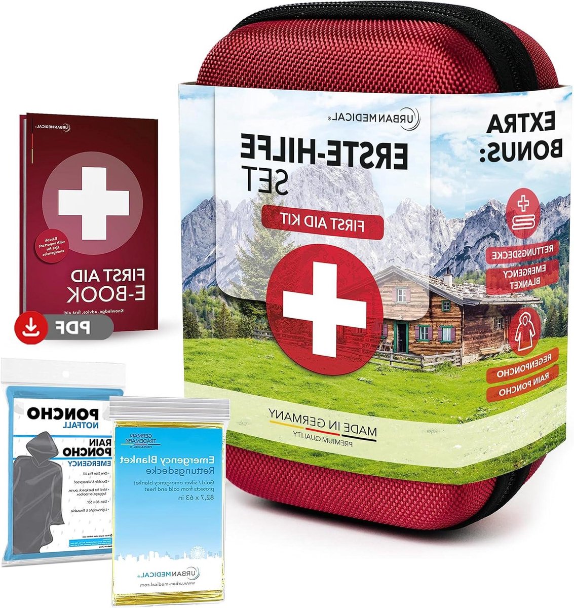 EHBO-set Outdoor | Inhoud uit Duitsland | Survival Kit - Nooddeken + Regenponcho | Eerste Hulp Kit voor Reizen Sport Auto en Thuis | DIN 13167