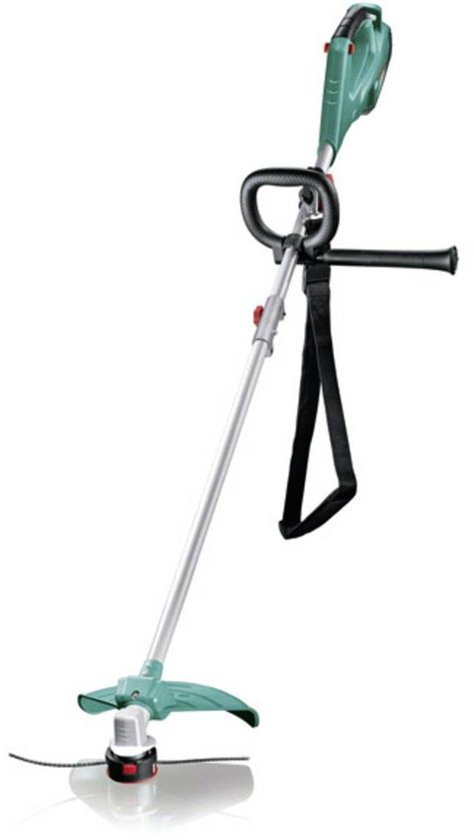 Elektrische grastrimmer met draagband en een mes.