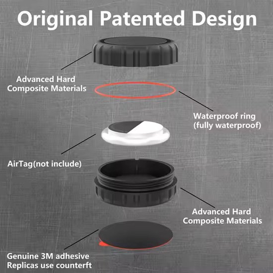 Exploded view van de zwarte houder, met omschrijvingen zoals "Advanced Hard Composite Materials" en "Waterproof ring".