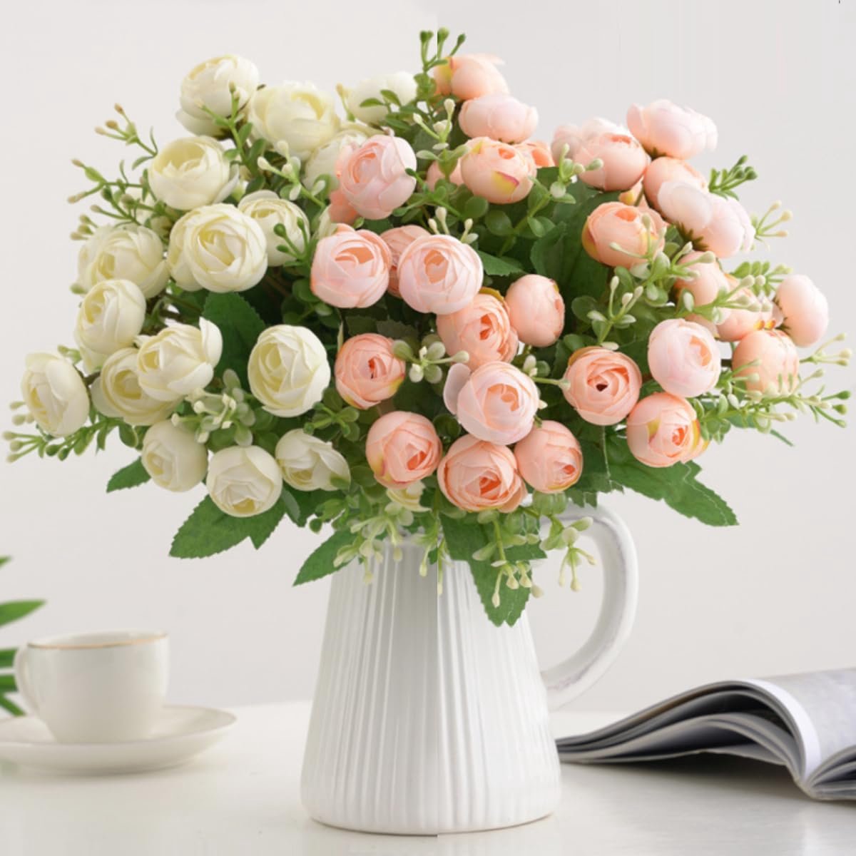 Ibenzoa Kunstbloemenboeket met 2 Bundels van 30 Bloemen voor Decoratie en Bruiloften in Wit en Champagne Roze