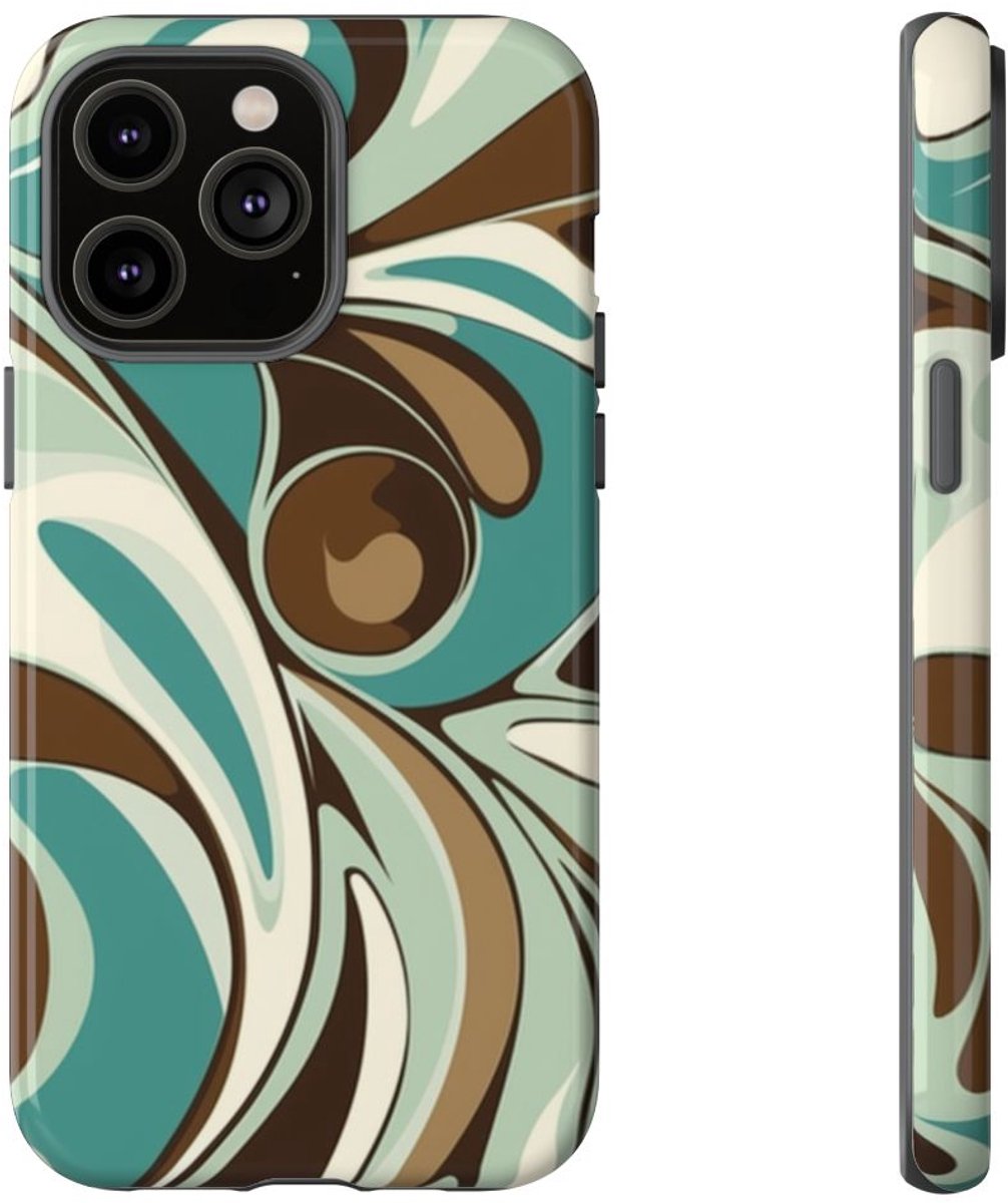 Abstracte Swirl in Teal en Bruin – Telefoonhoesje Geschikt voor iPhone 14 Pro Max