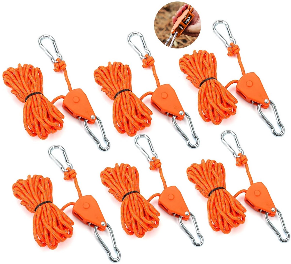 Kraftverdia® - Pak van 6 katrollen met remtouw - Verstelbare ratel - Winddicht buitentouw met reflecterende ratel - Waslijn camping - met karabijnhaak