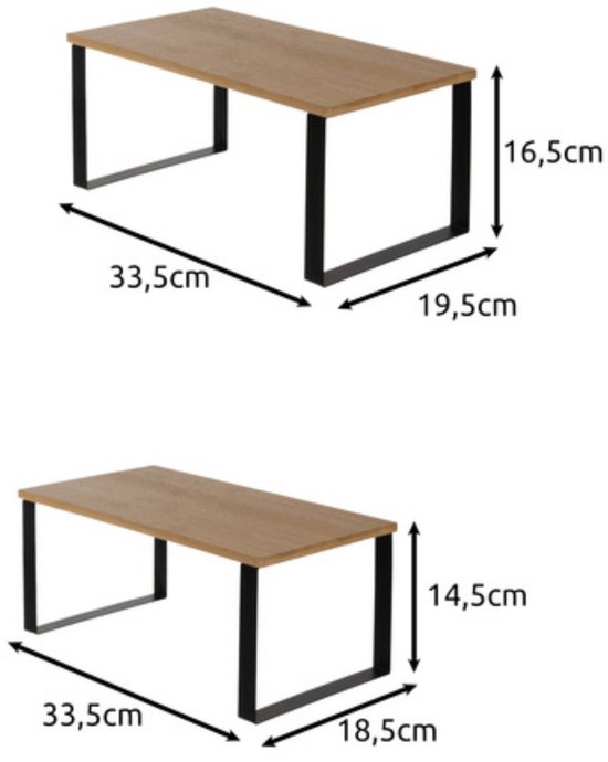 Afmetingen van twee Ruhhy aanrecht rekjes. Boven 33,5x19,5x16,5cm, onder 33,5x18,5x14,5cm.