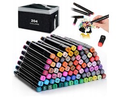 Markerset - Markeerstift - 204 kleuren - met opbergetui - voor tekenen, kleuren, schrijven, schilderen, ontwerpen - Ideaal cadeau