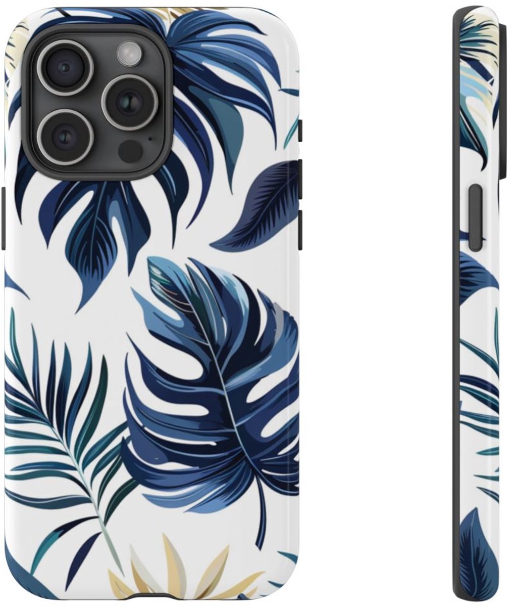 Blauwe Tropische Bladeren Patroon – Telefoonhoesje Geschikt voor iPhone 15 Pro Max