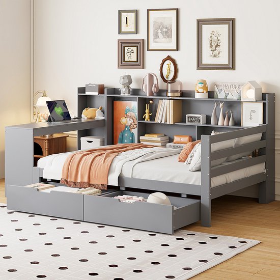 Merax Slaapbank 140x200 Cm - Met Bureau - Boekenplank - Opbergvakken En Schappen Met Stopcontact Grijs Zonder Matras Merax Slaapbank 140x200 Cm - Met Bureau - Boekenplank - Opbergvakken En Schappen Met Stopcontact Grijs Zonder Matras