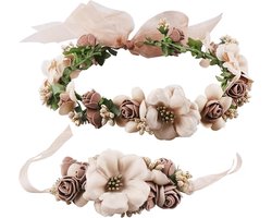 Bloemenkrans met bloemenpolsband voor dames en meisjes - Bruin koffie - Haarkrans voor bruidsfotografie en festivals