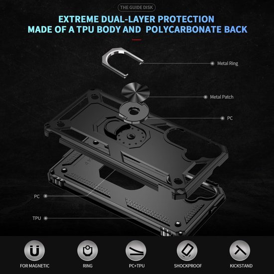 Exploded-view van een zwarte telefoonhoes met metalen ring, metalen plaat, pc en tpu onderdelen.