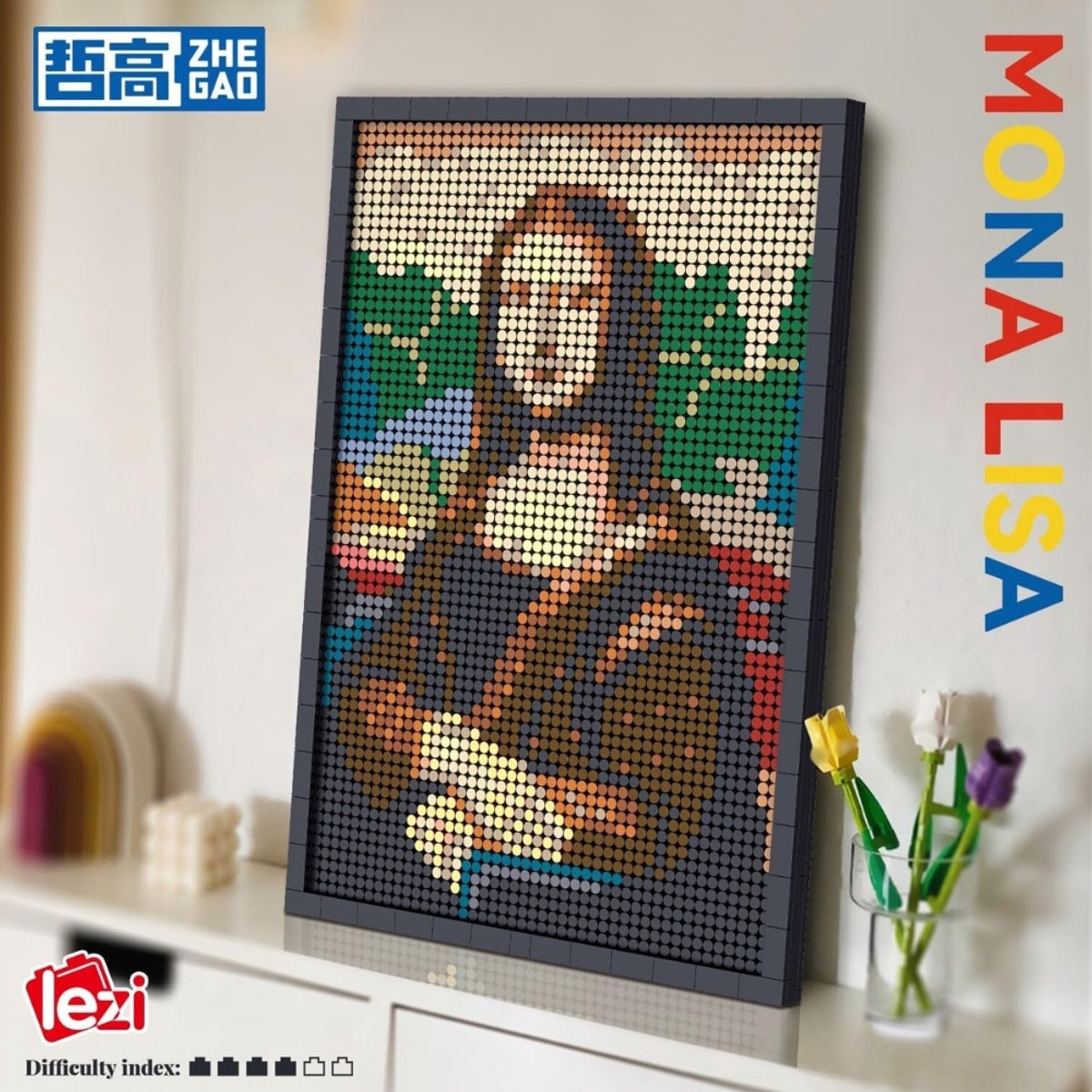 Zhe Gao - Mona Lisa schilderij bouwset | Wall pixel art model kit | Mozaiek diamond painting fotolijst | Classic Creator STEM speelgoed | Niet compatibel met lego mould king mega | Icons kunst modelbouw voor volwassenen & kinderen | 3624 bloks — afbeelding 2