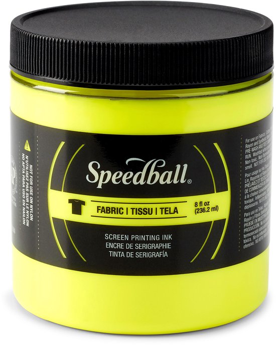Un pot de 8 oz d'encre de sérigraphie fluo jaune pour tissu Speedball.