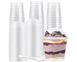 Pack of 100 Dessert Glazen 210ml - Plastic Dessert Glazen met Deksel en Lepel - Herbruikbare Dessert Bekers voor Mousse, Pudding, IJs, Yoghurt, Gelatine, Taart