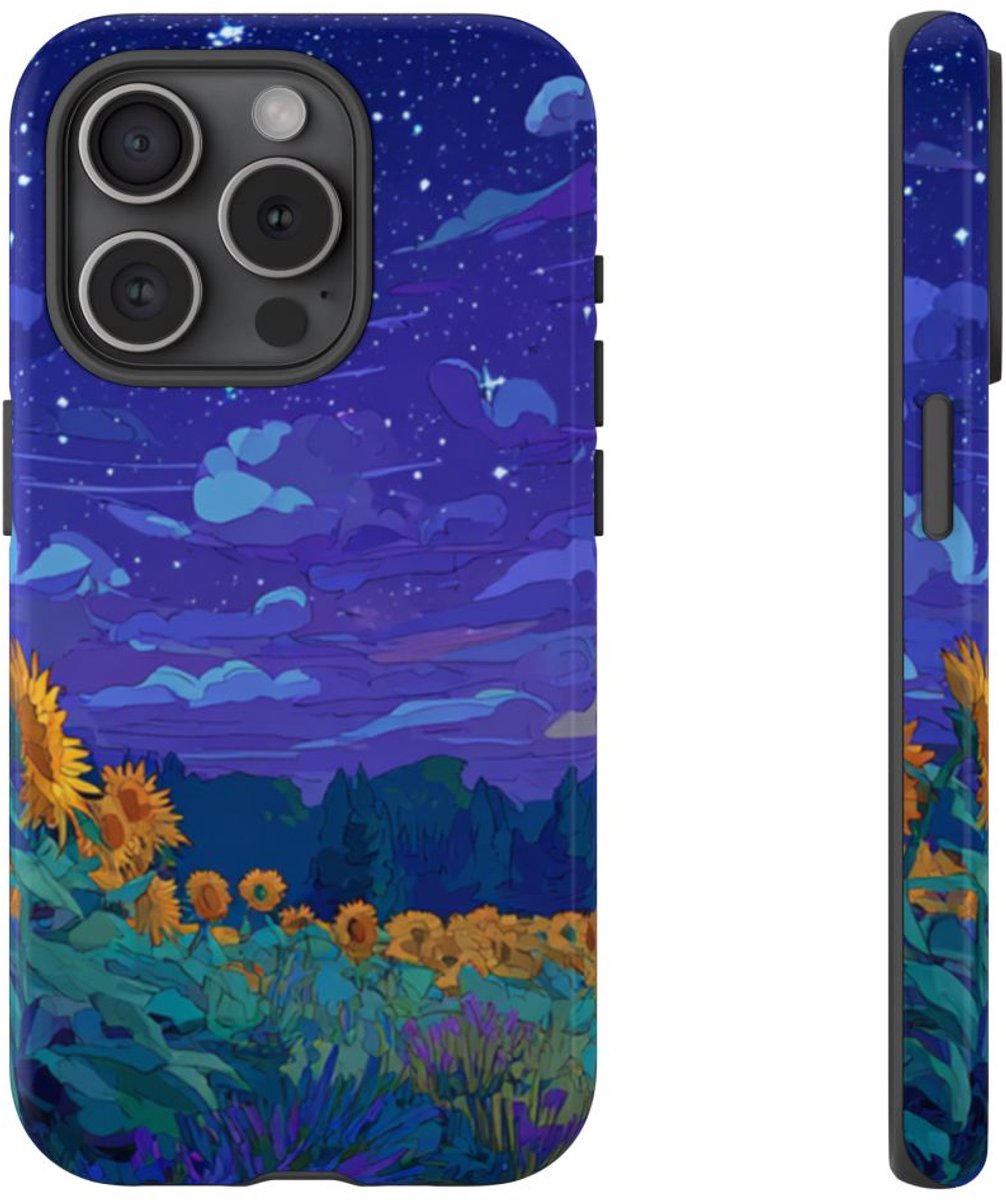 Sterrennacht Zonnebloemenveld – Telefoonhoesje Geschikt voor iPhone 15 Pro