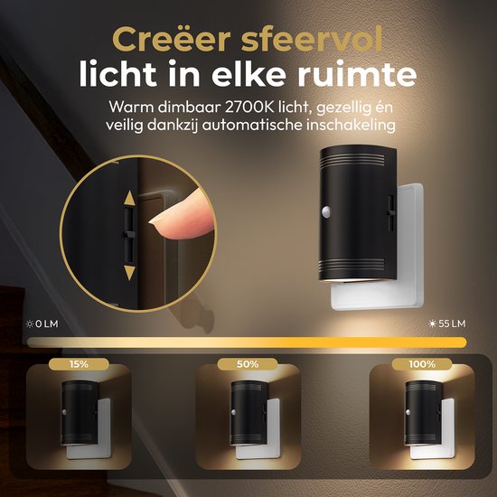 Zwarte stekkerlamp met instelbare helderheid van 0 tot 55 Lumen en 2700K warm licht. Automatisch.