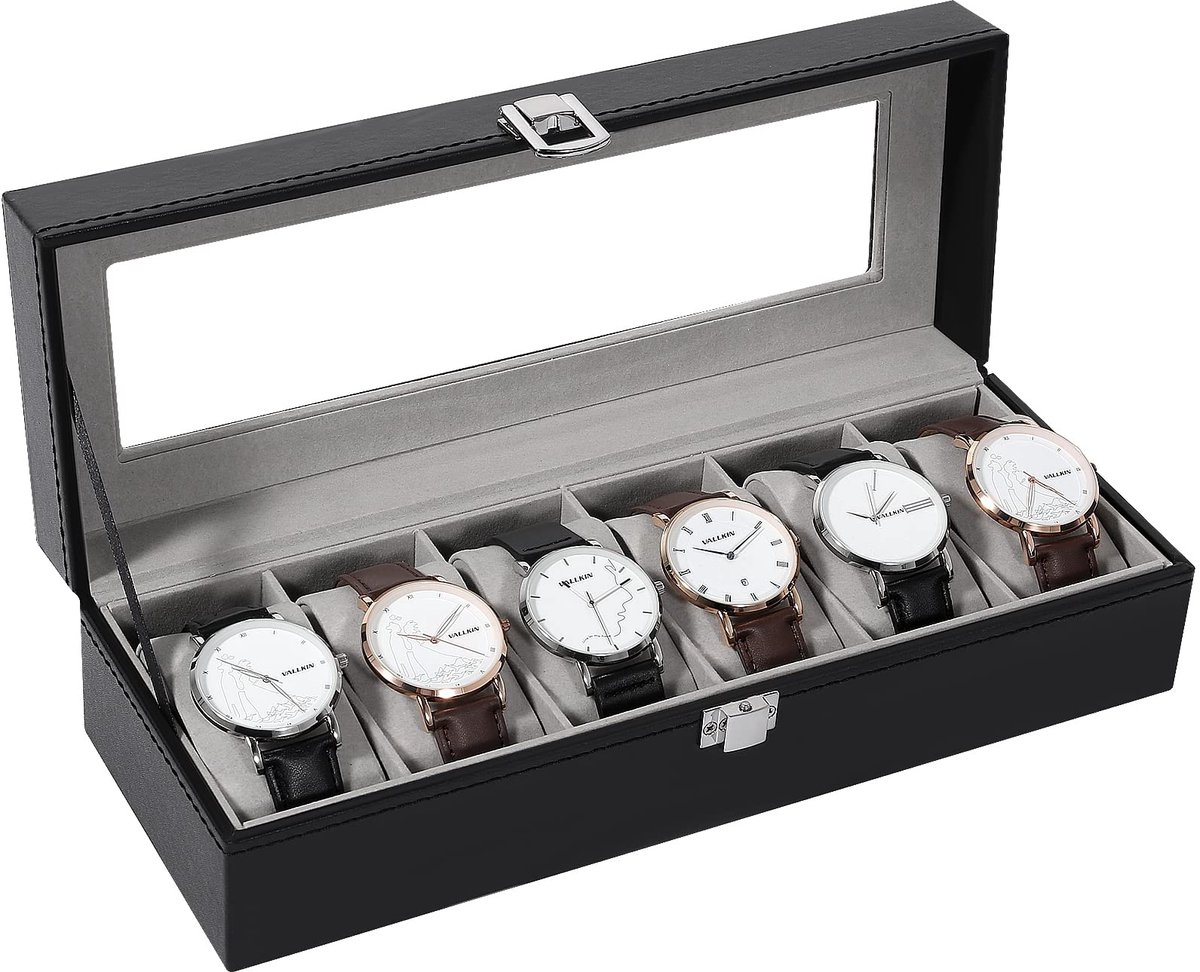 Uten horlogebox voor 6 horloges, horlogebox met zachte horlogekussens en grote vensters, horloge opbergbox horlogebox als cadeau-idee voor mannen en vrouwen