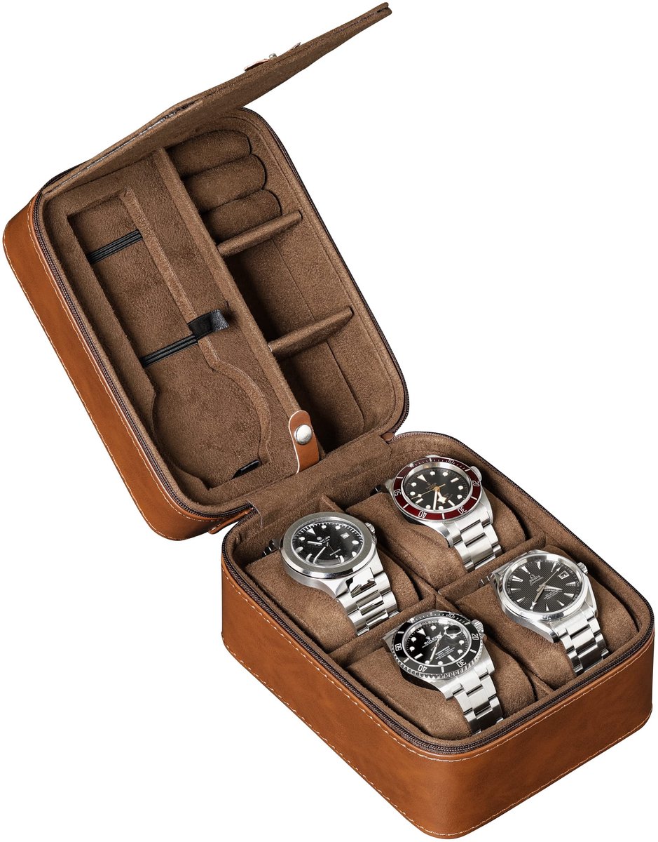 ROTHWELL Reiskoffer voor 5 Horloges, Opbergorganizer voor 5 Horloges | Duurzame, Draagbare Beschermer met Ritssluiting, Geschikt voor Alle Horloges tot 50 mm (Bruin-Bruin)