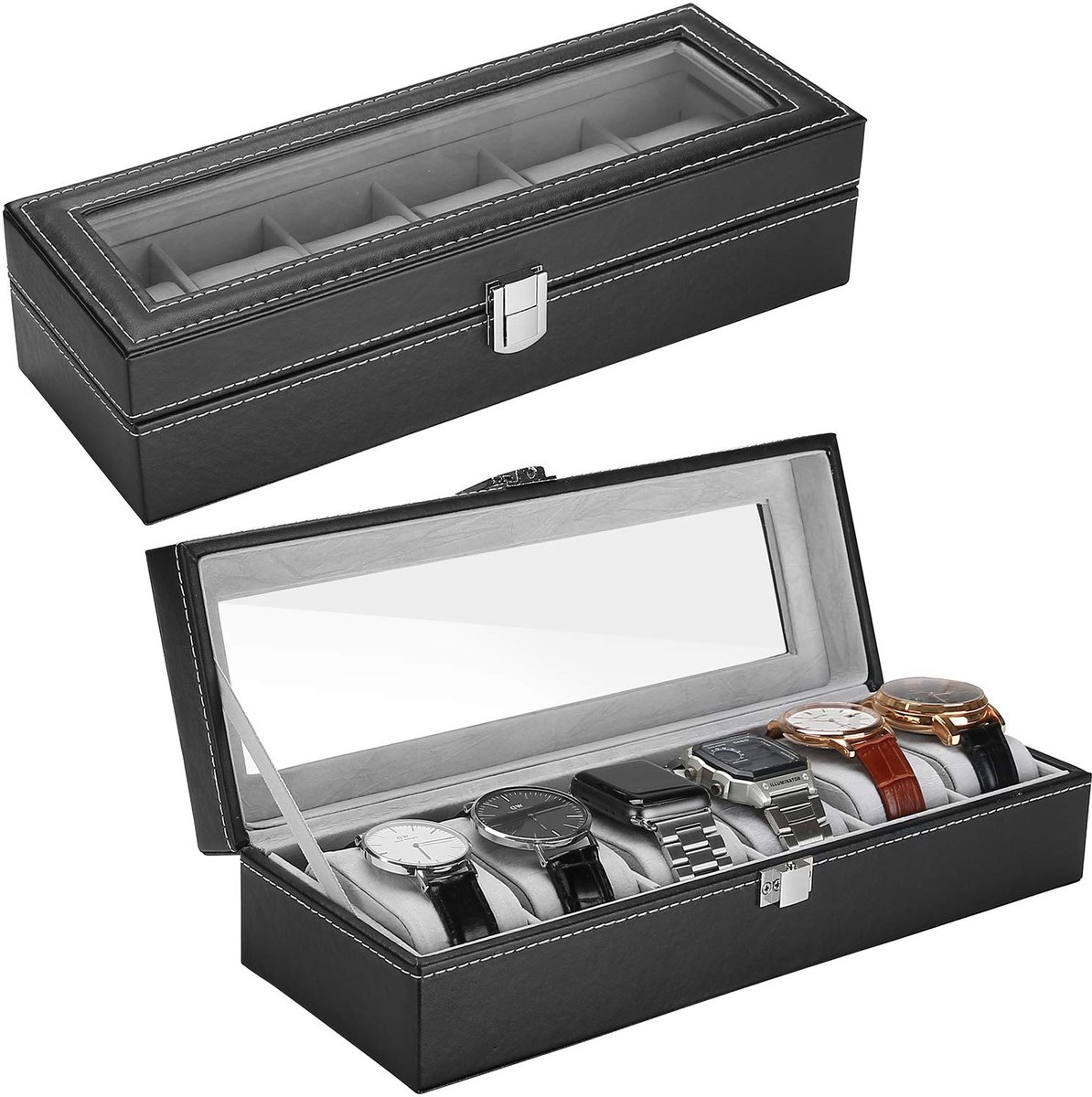 ProCase Horlogebox Horlogekast Opbergdoos met 6 Roosters, 6 Slots Horlogebox Horloge Display Box Organizer Horlogebox voor Heren - Zwart
