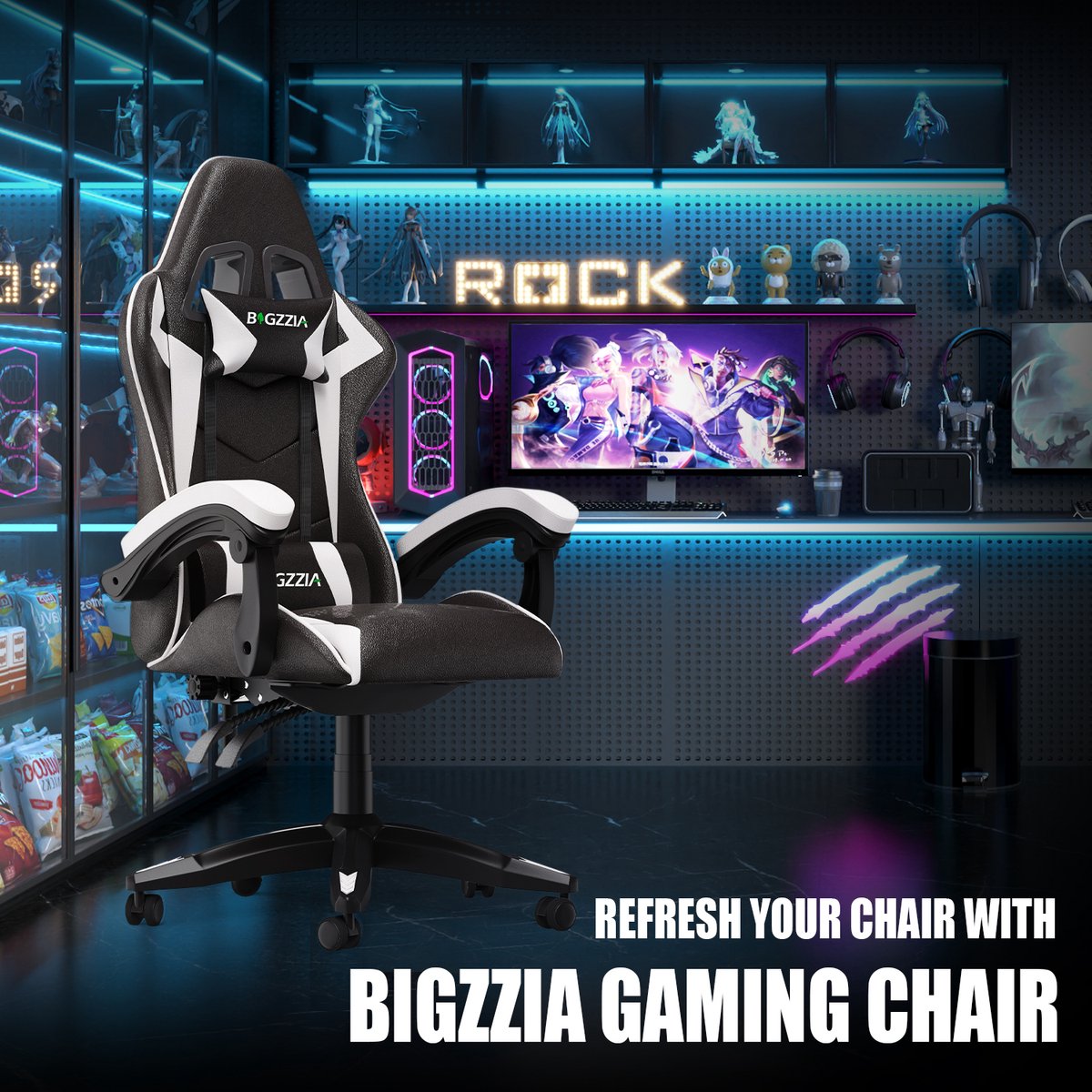 Bigzzia Gamingstoel Ergonomisch Zwart-Wit Met Lendenkussen - afbeelding 2