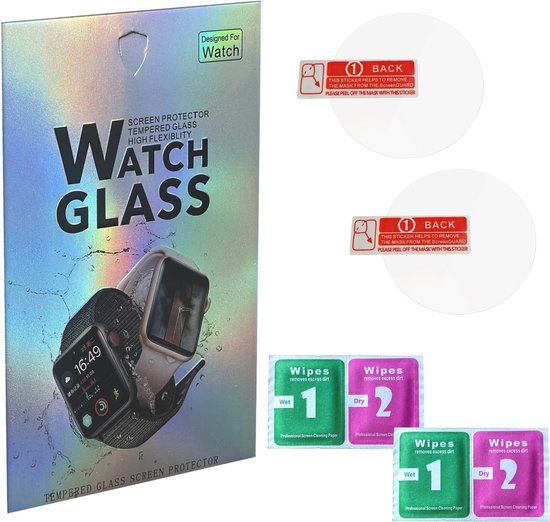 Verpakking en installatiekits (stickers, natte/droge doekjes) voor "Watch Glass" screenprotectors.